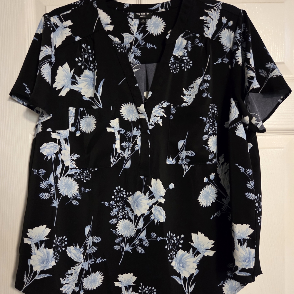 Torrid Black and Blue Floral Blouse